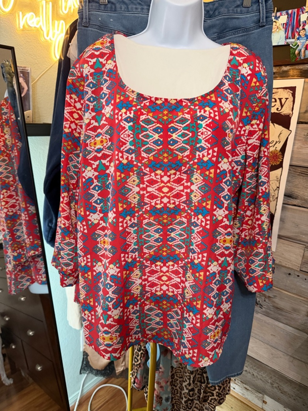Red Patterned Women’s Scoop Neck Top